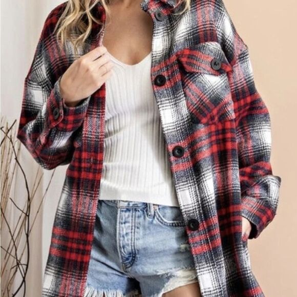 Oversized Women's Red Plaid Heavy Weight Shacket LARGE Cabincore Winter Country - Picture 1 of 9